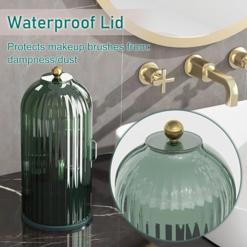 360° Rotating Makeup Brush Holder with Lid, Dustproof Vanity Organizer - Green